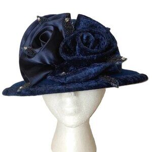 Mr Hi’s Velvet Embellished Derby Dress Hat Blue Beaded Beaded Easter Church